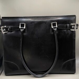 Franklin Covey Black Leather Tote Bag with Silver Buckles Briefcase Work Bag